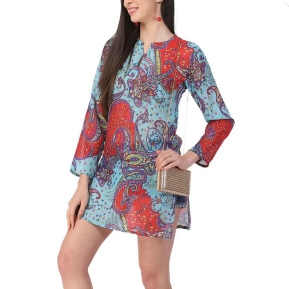 Raj Women's V-Neck Neck Printed Blue red tunic dress beach cover up sz M… - Picture 2 of 14